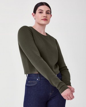 Spanx AirEssentials Cropped Long Sleeve Women's Tops Olive | 04CDLRMEW