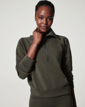 Spanx AirEssentials Half Zip Women's Tops Olive | 60NZVCDQR