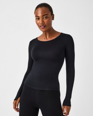 Spanx Better Base Long Sleeve Crew Women's Tops Black | 54BFCRHGU