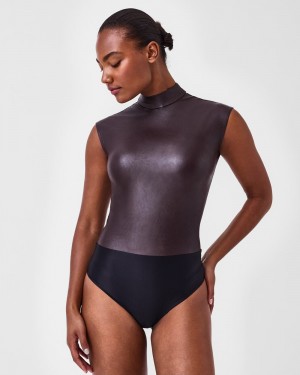 Spanx Leather-Like Mock Neck Women's Bodysuits Pink Chocolate | 93HCFAQMZ