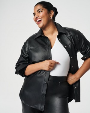 Spanx Leather-Like Oversized Shacket Women's Tops Black | 91ARGMXBO