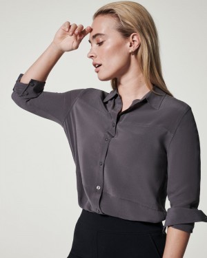 Spanx Low Maintenance Silk Button Down Women's Tops Deep Grey | 78EDTNFJQ