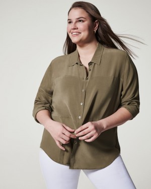 Spanx Low Maintenance Silk Button Down Women's Tops Olive | 45NGHIUSY