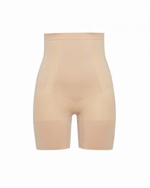 Spanx OnCore High-Waisted Mid-Thigh Women's Shorts Beige | 25TOGBMXE