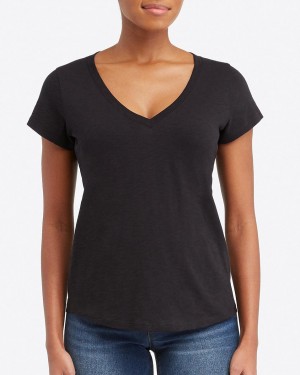 Spanx Pima Cotton V-Neck Women's T-Shirts Black | 26ZYNEQUO