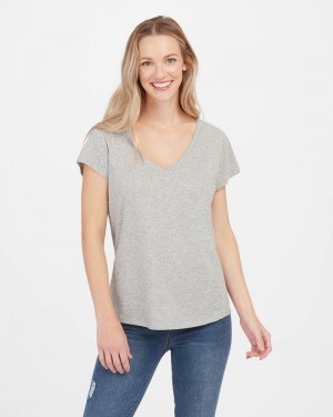 Spanx Pima Cotton V-Neck Women's T-Shirts Light Grey | 12VCBHSYZ