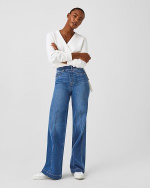 Spanx Seamed Front Wide Leg Women's Jeans Indigo | 21ZIVQUAH