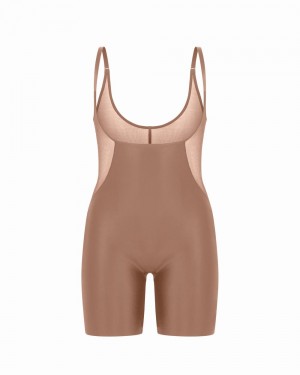 Spanx Shaping Satin Mesh Open-Bust Mid-Thigh Women's Bodysuits Cafe Au Lait | 32KFCUTBG