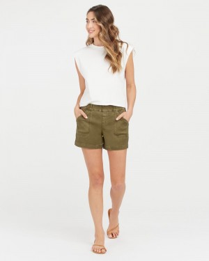 Spanx Stretch Twill, 4" Women's Shorts Olive | 18KJENUTH