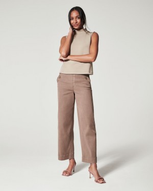 Spanx Stretch Twill Cropped Wide Leg Women's Pants Khaki | 57PKXTUNO