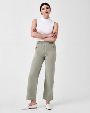 Spanx Stretch Twill Cropped Wide Leg Women's Pants Olive | 51YOKLPVJ