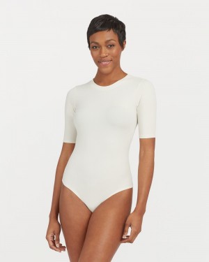 Spanx Suit Yourself Ribbed Crew Neck Short Sleeve Women's Bodysuits White | 83MPAEJRU