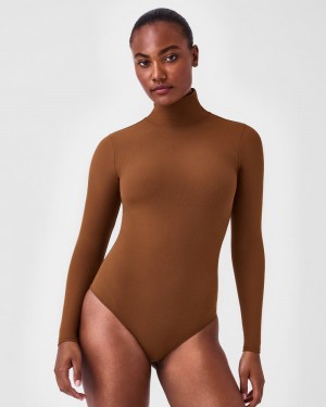 Spanx Suit Yourself Ribbed Long Sleeve Turtleneck Women's Bodysuits Brown | 37OGZUSHL