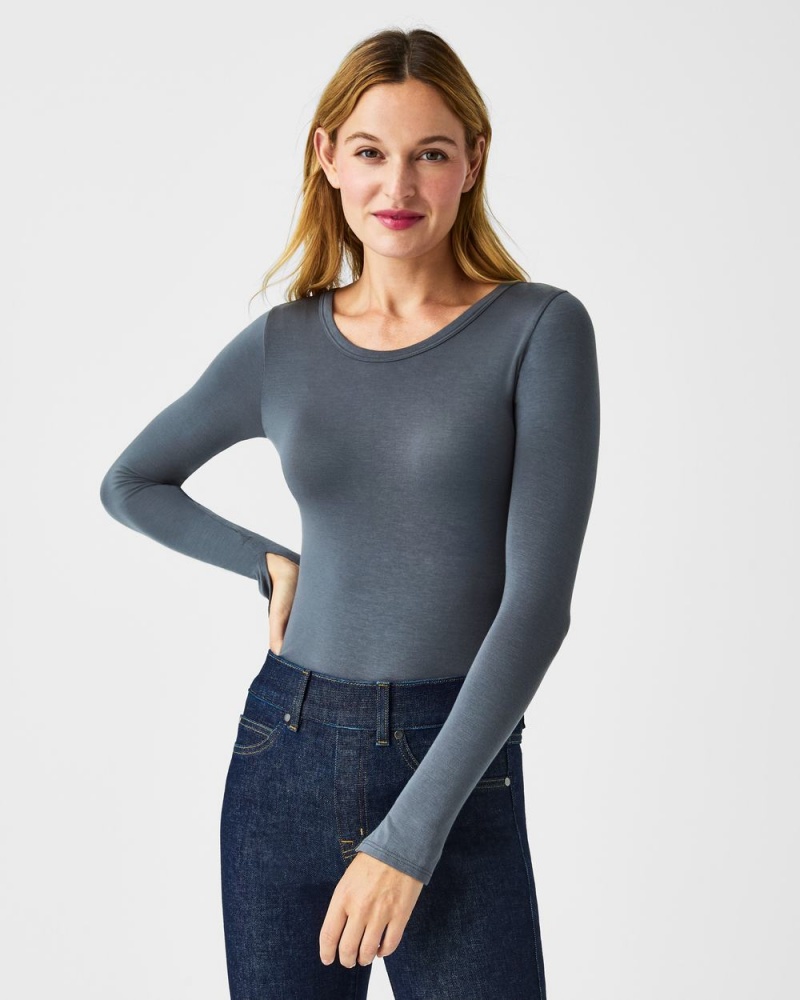 Spanx Better Base Long Sleeve Crew Women\'s Tops Grey | 56TGBNWJQ