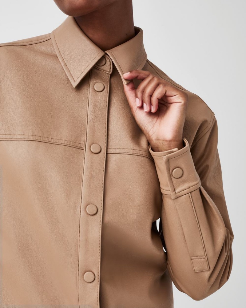 Spanx Leather-Like Oversized Shacket Women's Tops Toffee | 73EVNIHZD