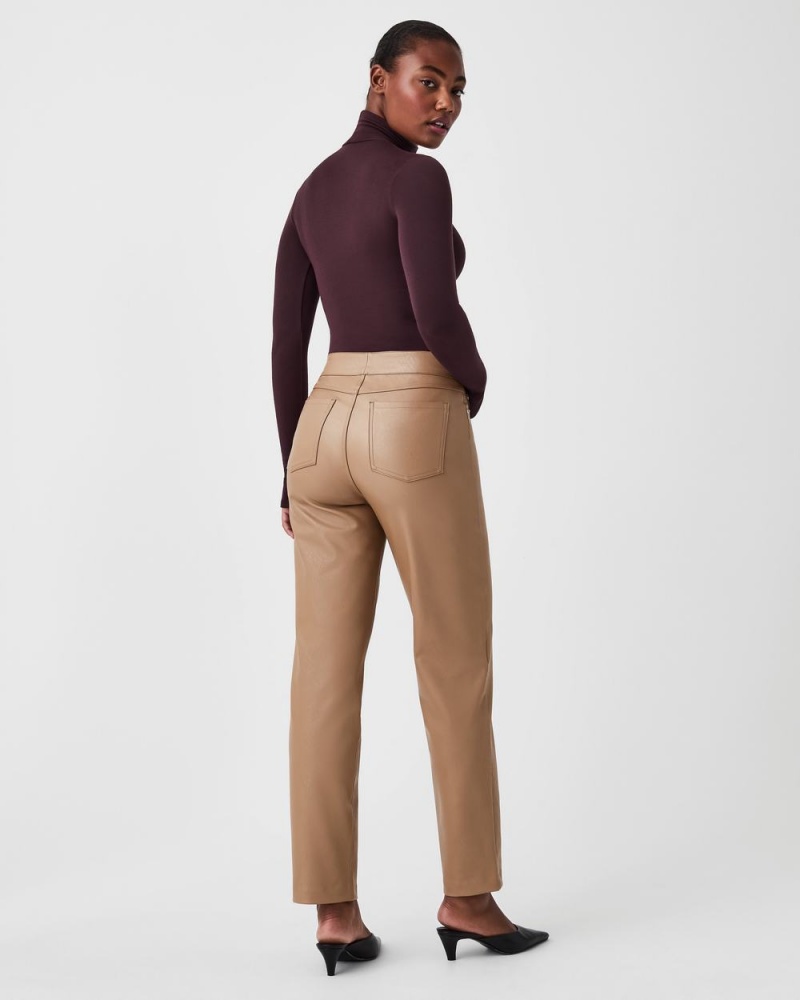 Spanx Leather-Like Slim Straight Women's Pants Toffee | 45CNEADFX