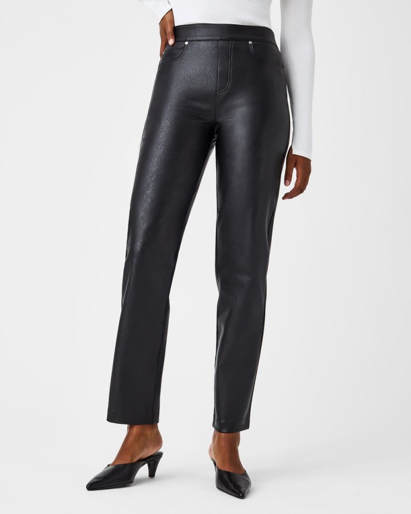 Spanx Leather-Like Slim Straight Women's Pants Black | 16ROFSKLN