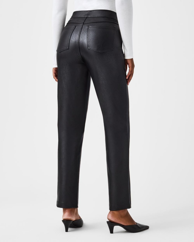 Spanx Leather-Like Slim Straight Women's Pants Black | 16ROFSKLN