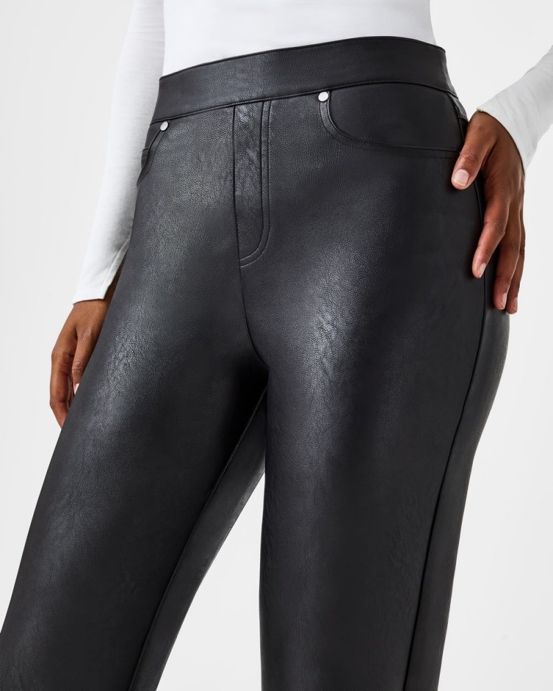 Spanx Leather-Like Slim Straight Women's Pants Black | 16ROFSKLN