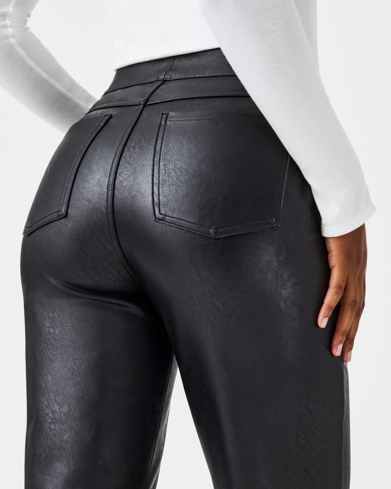 Spanx Leather-Like Slim Straight Women's Pants Black | 16ROFSKLN