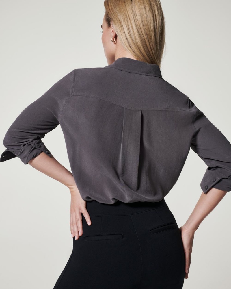 Spanx Low Maintenance Silk Button Down Women's Tops Deep Grey | 78EDTNFJQ