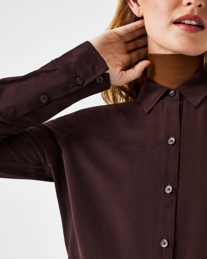 Spanx Low Maintenance Silk Button Down Women's Tops Pink Chocolate | 84ZJYWIGP