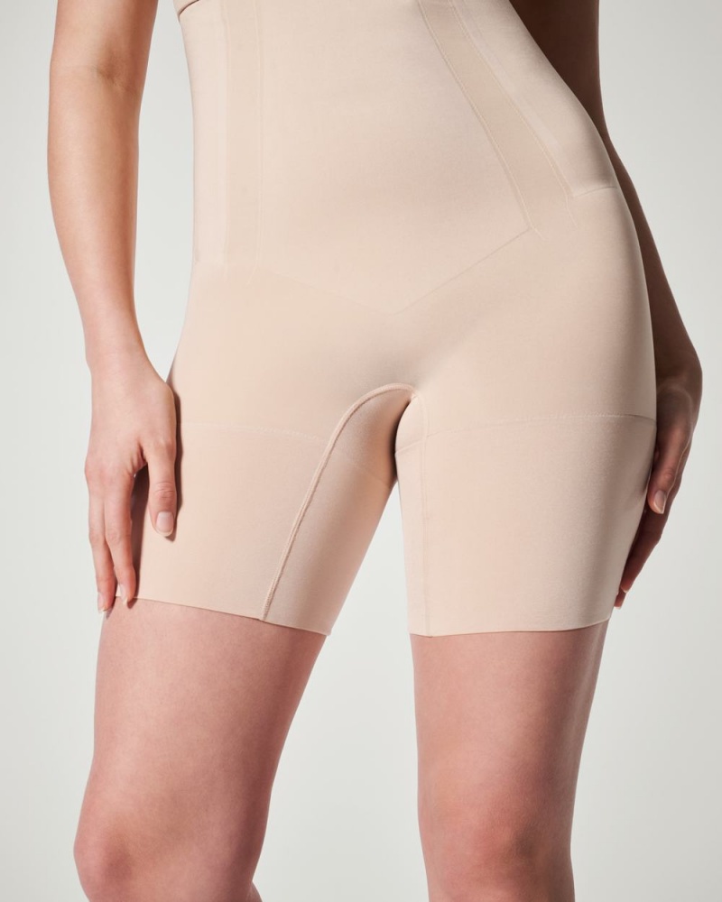 Spanx OnCore High-Waisted Mid-Thigh Women's Shorts Beige | 75SJFUYWZ