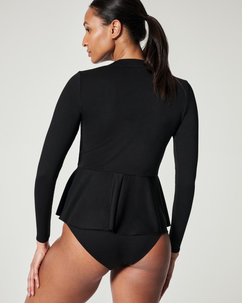 Spanx Pique Long Sleeve Swim Shirt Women's Swimwear Black | 71GJQMFUS