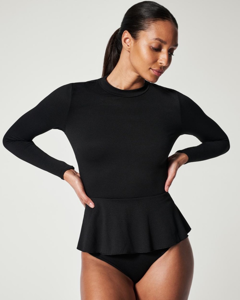 Spanx Pique Long Sleeve Swim Shirt Women\'s Swimwear Black | 71GJQMFUS