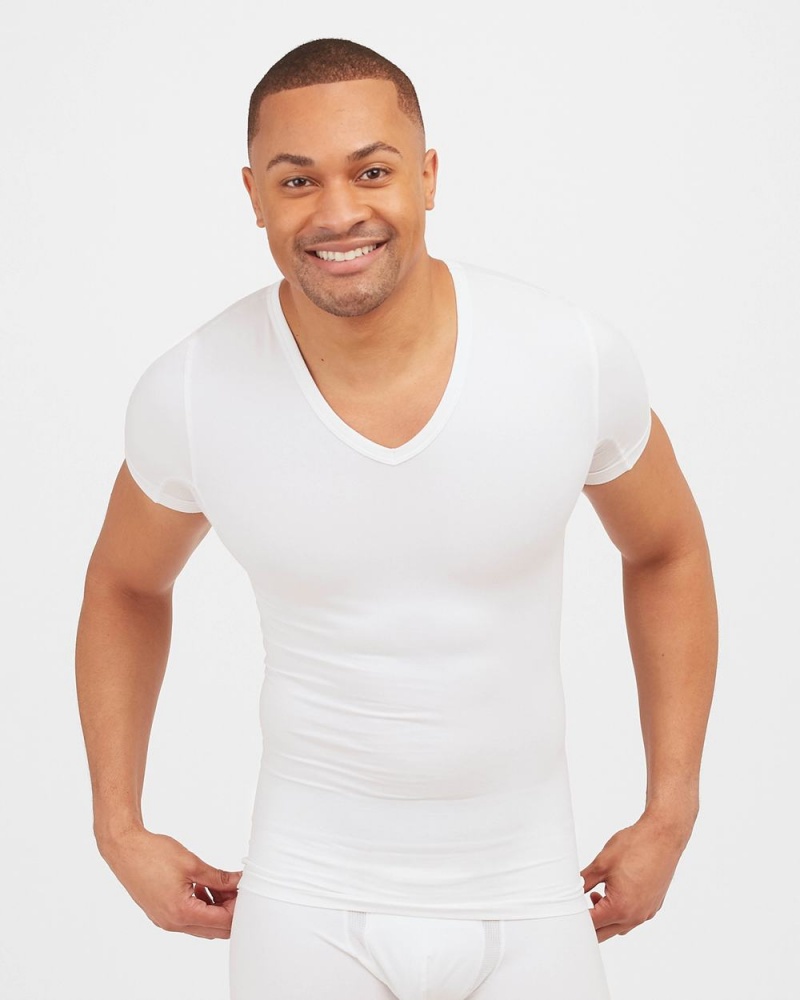 Spanx Sculpt Cotton V-Neck Men's Undershirts White | 98ASYWPXH