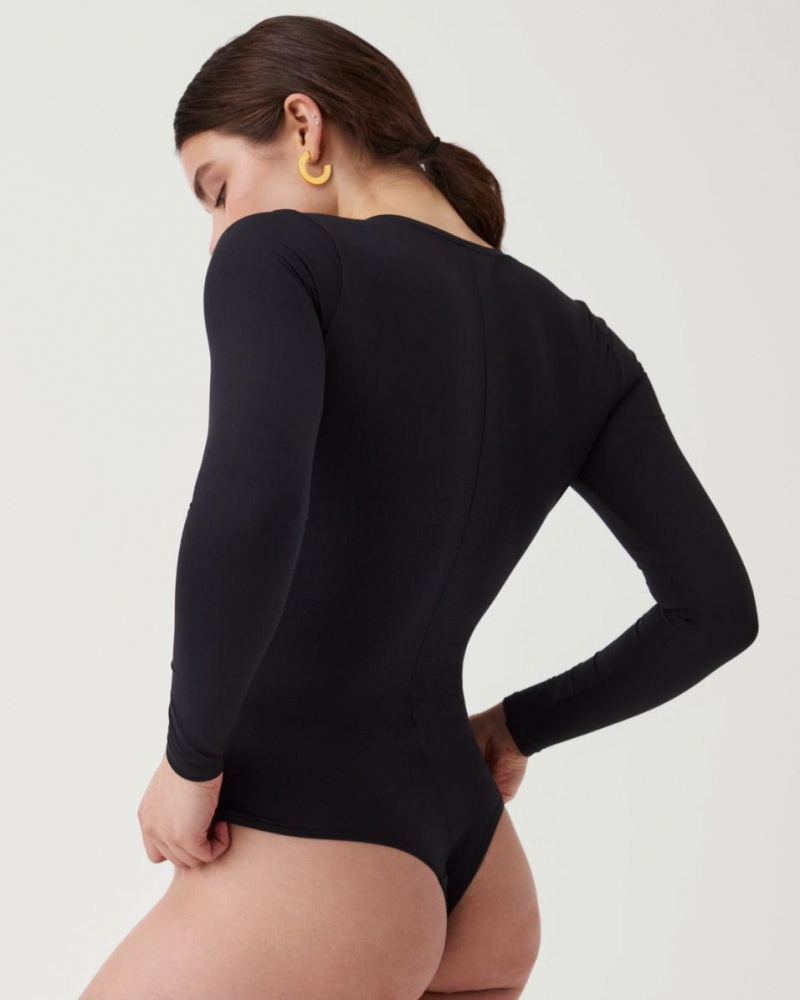 Spanx Suit Yourself Long Sleeve Thong Women's Bodysuits Black | 54ECRKMSX