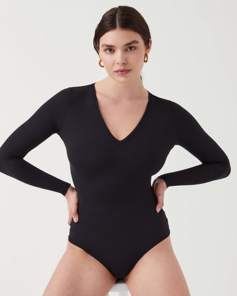 Spanx Suit Yourself Long Sleeve Thong Women\'s Bodysuits Black | 54ECRKMSX