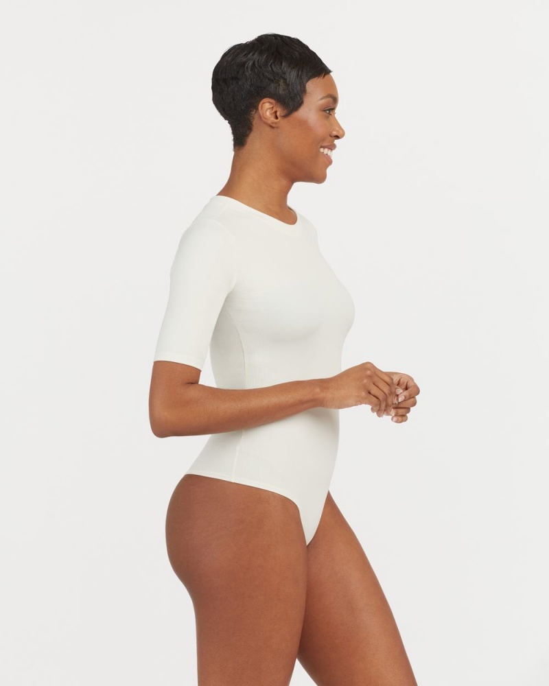 Spanx Suit Yourself Ribbed Crew Neck Short Sleeve Women's Bodysuits White | 83MPAEJRU