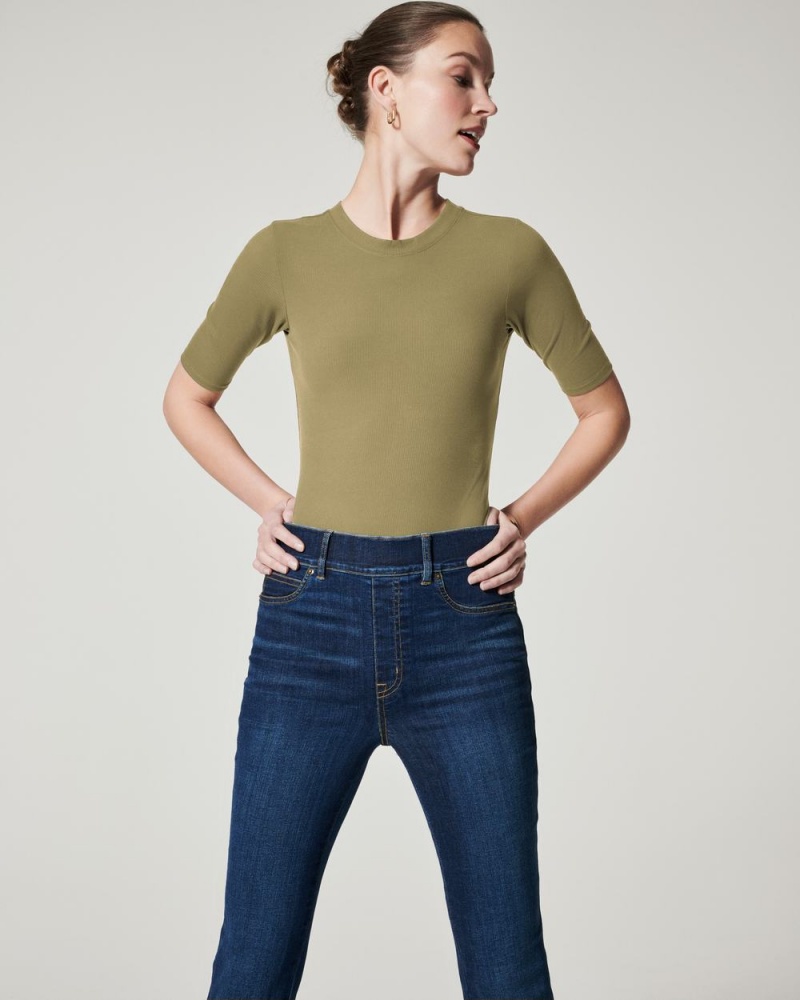 Spanx Suit Yourself Ribbed Crew Neck Short Sleeve Women's Bodysuits Olive | 81WNOVBKA