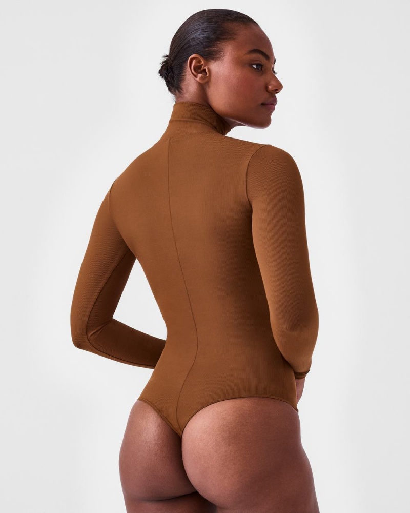 Spanx Suit Yourself Ribbed Long Sleeve Turtleneck Women's Bodysuits Brown | 37OGZUSHL