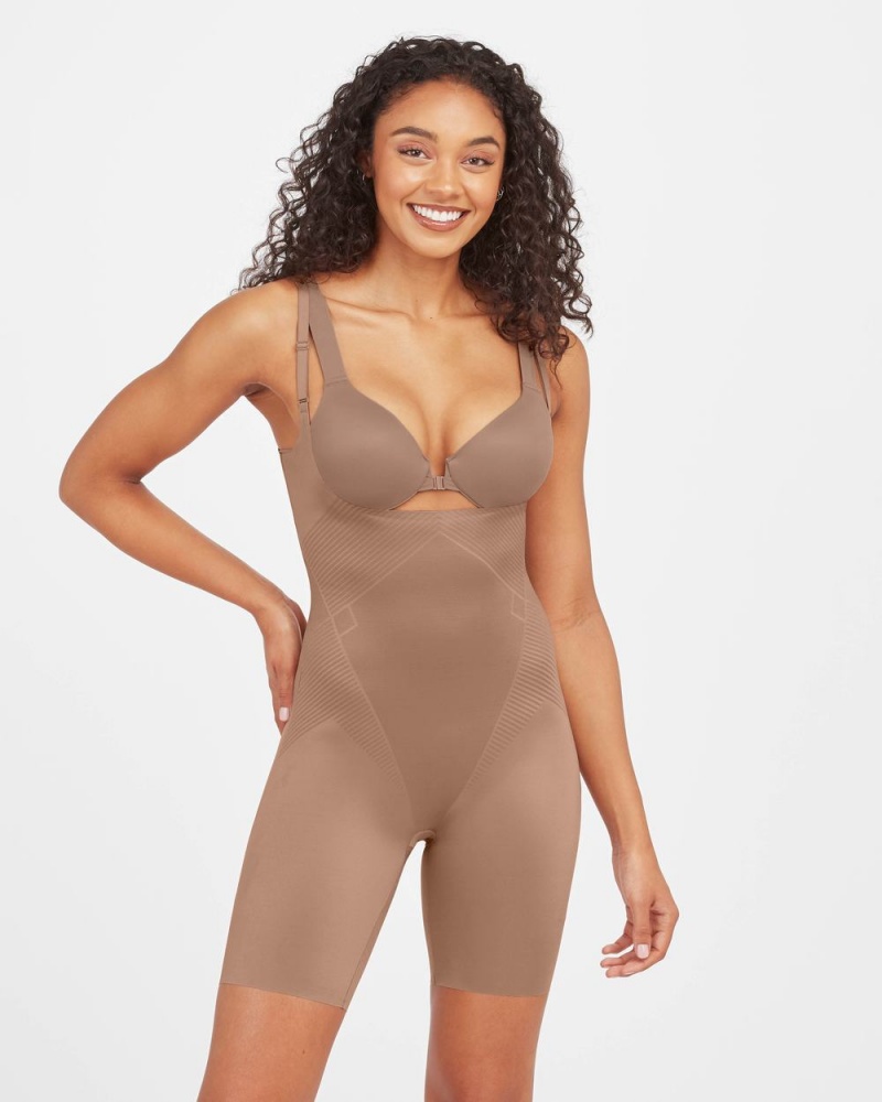 Spanx Thinstincts® 2.0 Open-Bust Mid-Thigh Women's Bodysuits Cafe Au Lait | 83ADCKSUM