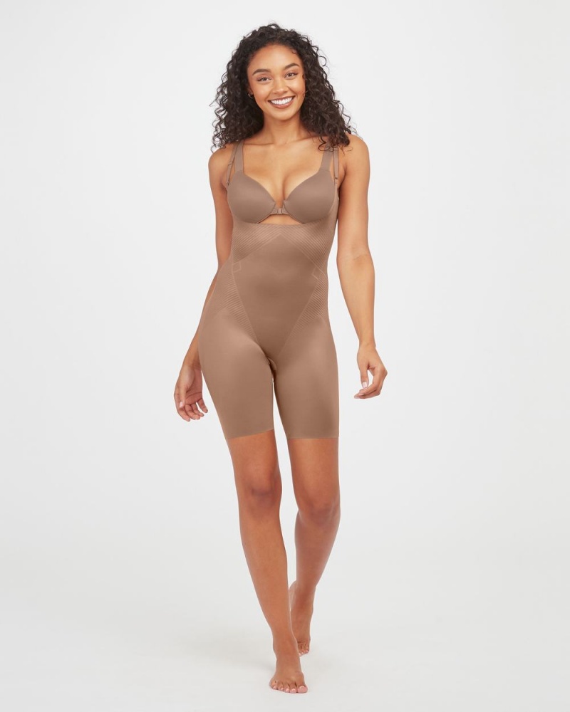 Spanx Thinstincts® 2.0 Open-Bust Mid-Thigh Women's Bodysuits Cafe Au Lait | 83ADCKSUM